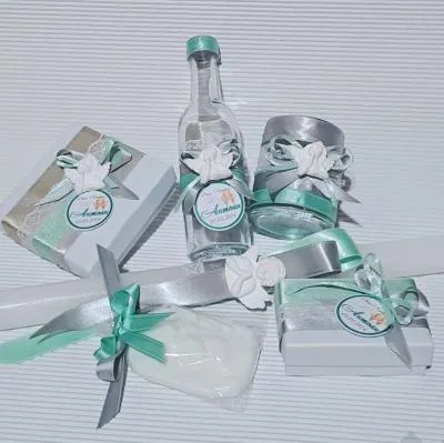 Аксесоари за кръщене в сиво и цвят мента, модел KK135